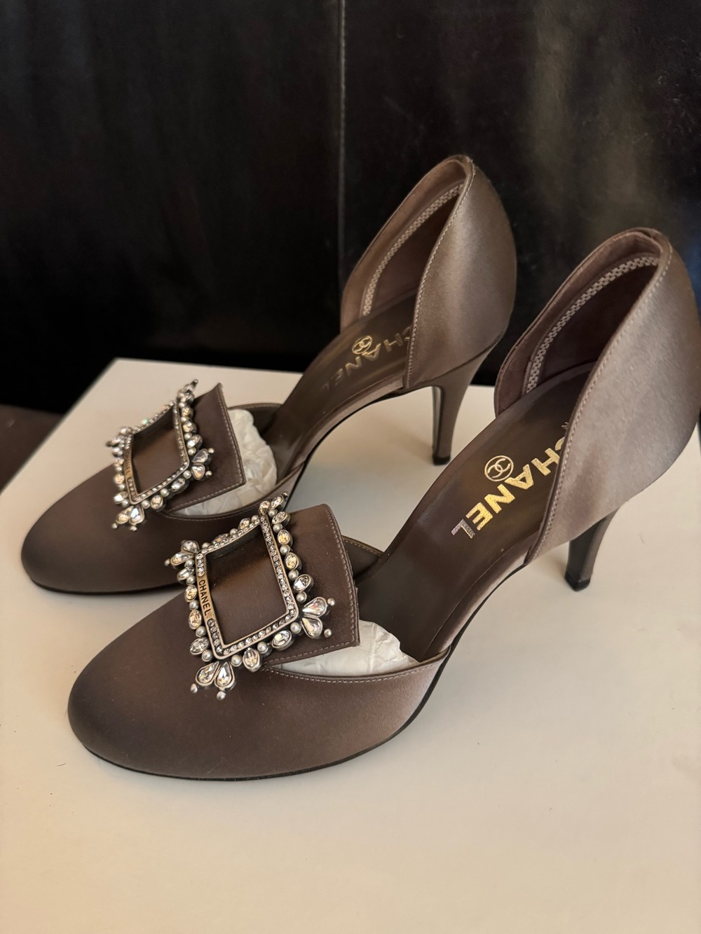 CHANEL gray Satin D'Orsay Pumps with Swarovski Jeweled Buckle